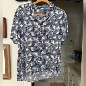 Men's Blue Leaf Print Casual Button Down Shirt